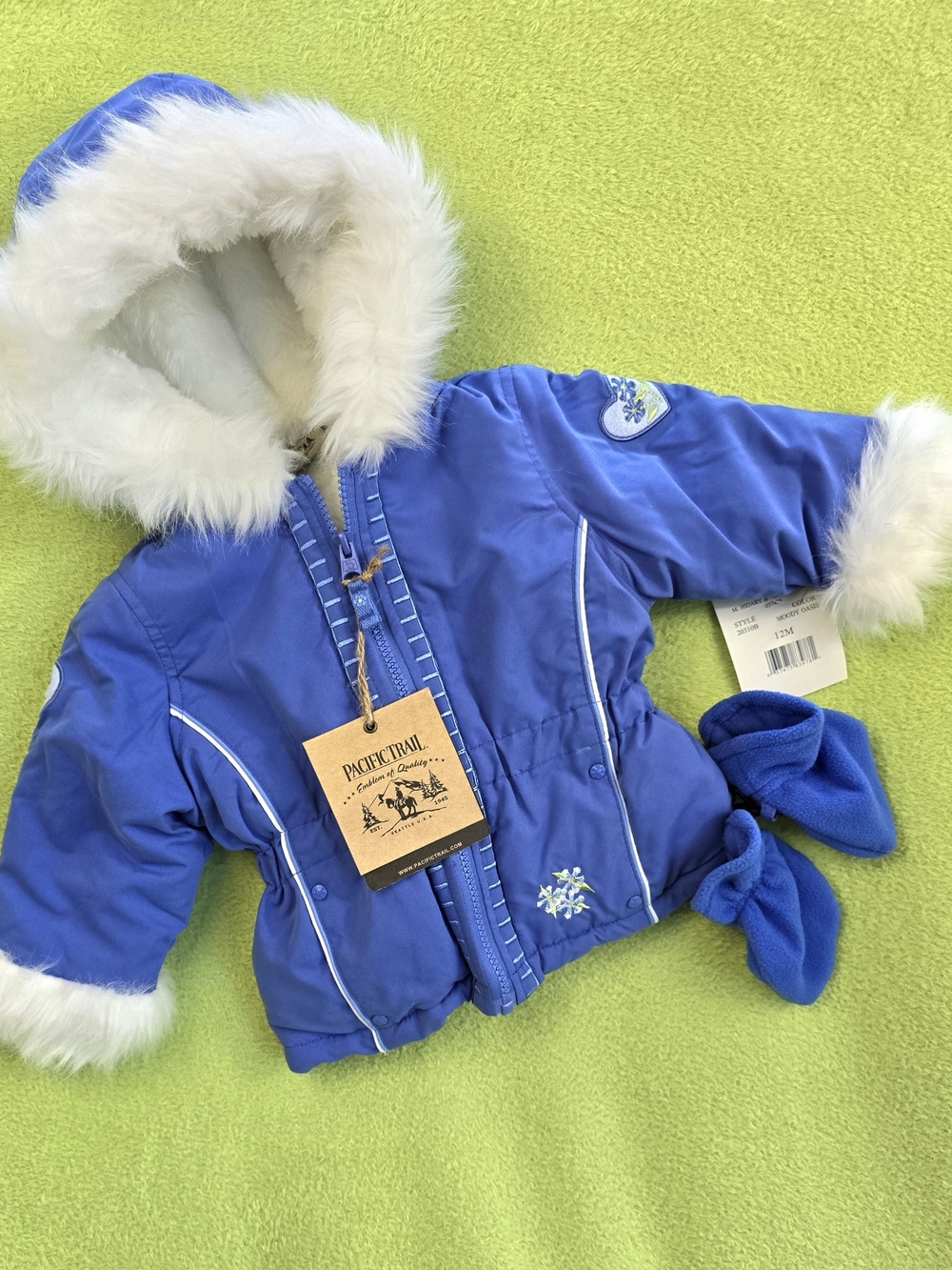 NWT 12-18M  Baby GIRLS HOODED COAT - JACKET FUR LINED + MITTENS (Q3)